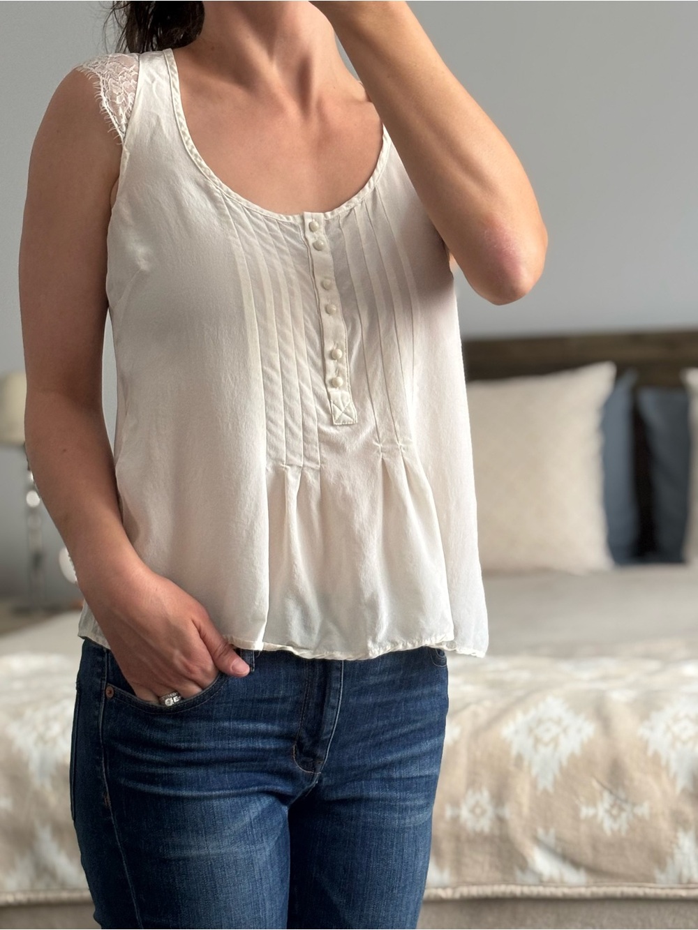Kookai Ivory Lace-Trim Pleated Camisole